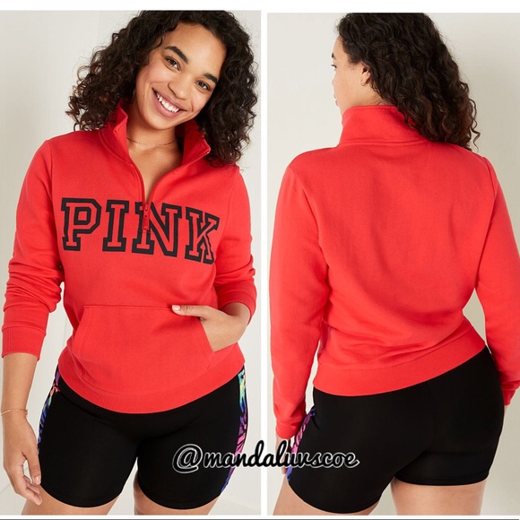 PINK Victoria's Secret Tops - 💗VS PINK RED FIRED UP & BLACK LOGO QUARTER ZIP